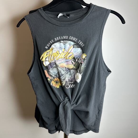 Bershka Florida Cropped Tank Top S Graphic Gray Tie Front Embroidered - Picture 7 of 9